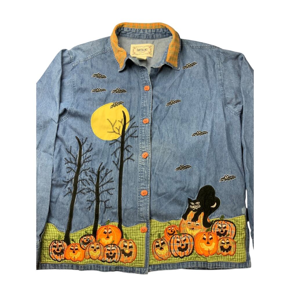 Vintage Tantrums Halloween Denim Shirt L Pumpkin Cat Bats Applique Cottagecore - Picture 3 of 9